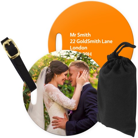 (10cm Circle) Burnt Orange with Leather Strap (Personalised with Text) with Small Black Storage Pouch