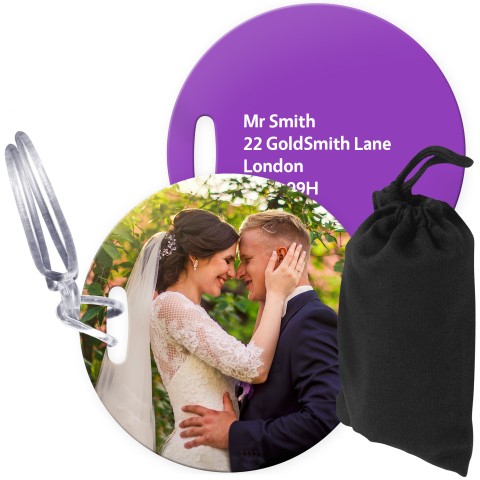 (10cm Circle) Purple with Clear Loop (Personalised with Text) with Small Black Storage Pouch