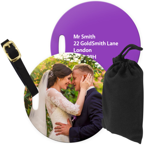 (10cm Circle) Purple with Leather Strap (Personalised with Text) with Small Black Storage Pouch