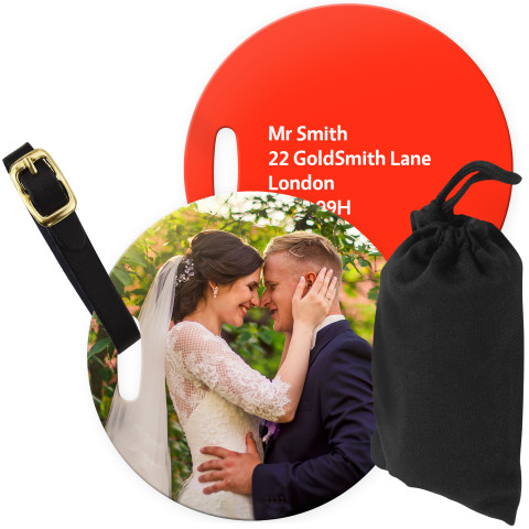 (10cm Circle) Red with Leather Strap (Personalised with Text) with Small Black Storage Pouch