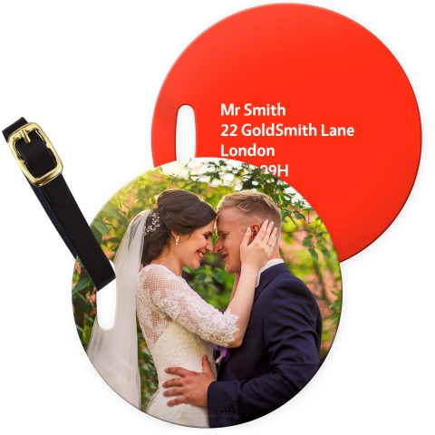 (10cm Circle) Red with Leather Strap (Personalised with Text)