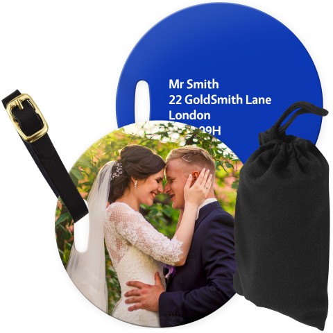 (10cm Circle) Royal Blue with Leather Strap (Personalised with Text) with Small Black Storage Pouch