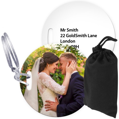 (10cm Circle) White with Clear Loop (Personalised with Text) with Small Black Storage Pouch