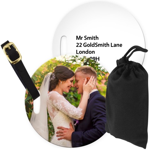 (10cm Circle) White with Leather Strap (Personalised with Text) with Small Black Storage Pouch