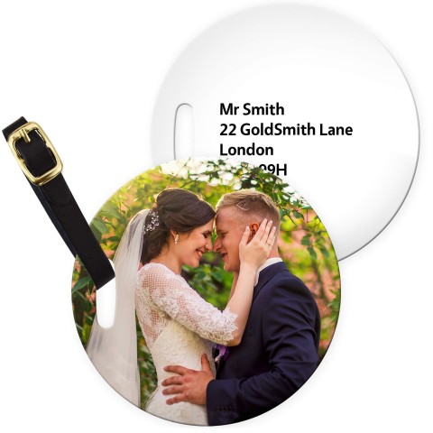 (10cm Circle) White with Leather Strap (Personalised with Text)