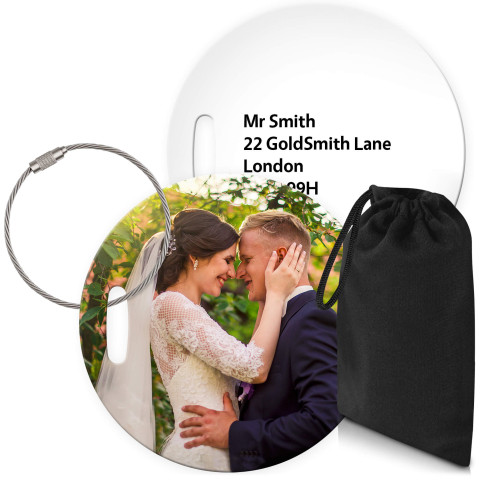 (10cm Circle) White with Metal Loop (Personalised with Text) with Small Black Storage Pouch