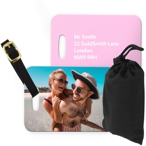(10cm x 7cm) Baby Pink with Leather Strap (Personalised with Text) with Small Black Storage Pouch