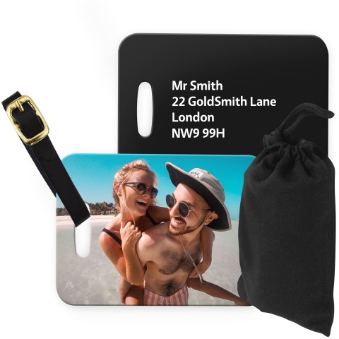 (10cm x 7cm) Black with Leather Strap (Personalised with Text) with Small Black Storage Pouch