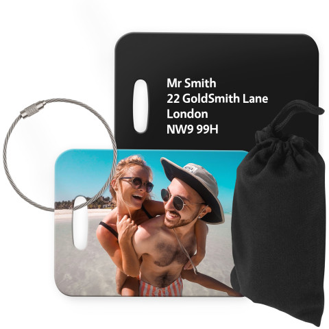 (10cm x 7cm) Black with Metal Loop (Personalised with Text) with Small Black Storage Pouch
