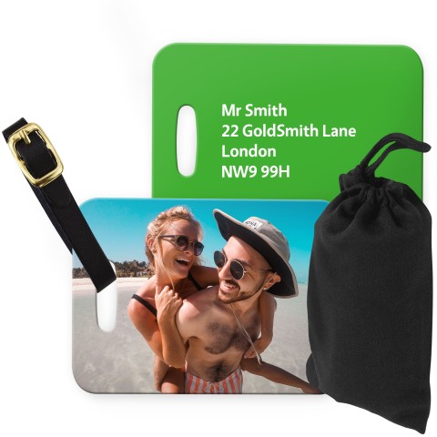 (10cm x 7cm) Bright Green with Leather Strap (Personalised with Text) with Small Black Storage Pouch