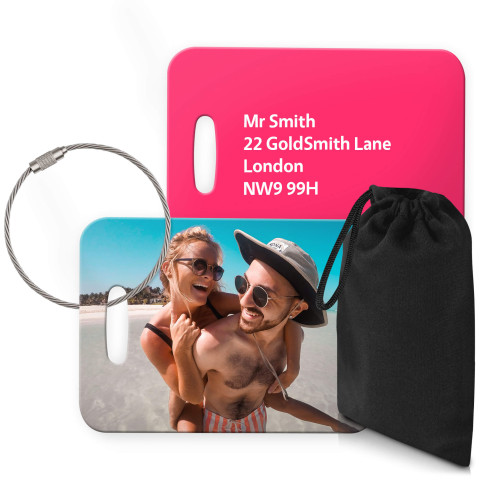 (10cm x 7cm) Hot Pink (Fuchsia) with Metal Loop (Personalised with Text) with Small Black Storage Pouch