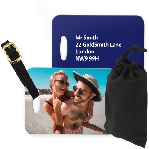 (10cm x 7cm) Navy Blue with Leather Strap (Personalised with Text) with Small Black Storage Pouch
