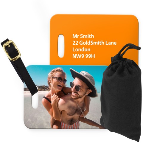 (10cm x 7cm) Burnt Orange with Leather Strap (Personalised with Text) with Small Black Storage Pouch