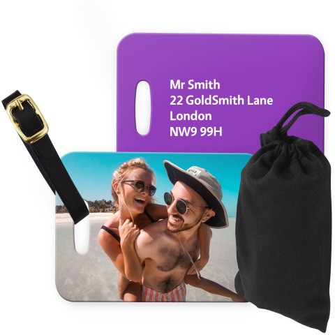 (10cm x 7cm) Purple with Leather Strap (Personalised with Text) with Small Black Storage Pouch