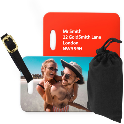 (10cm x 7cm) Red with Leather Strap (Personalised with Text) with Small Black Storage Pouch