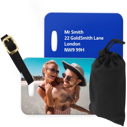 (10cm x 7cm) Royal Blue with Leather Strap (Personalised with Text) with Small Black Storage Pouch