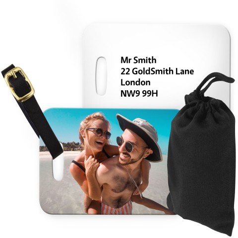 (10cm x 7cm) White with Leather Strap (Personalised with Text) with Small Black Storage Pouch
