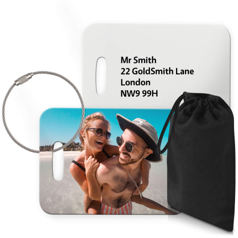 (10cm x 7cm) White with Metal Loop (Personalised with Text) with Small Black Storage Pouch