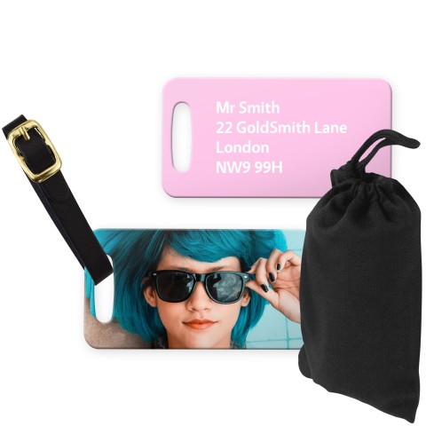 (9cm x 4.5cm) Baby Pink with Leather Strap (Personalised with Text) with Small Black Storage Pouch