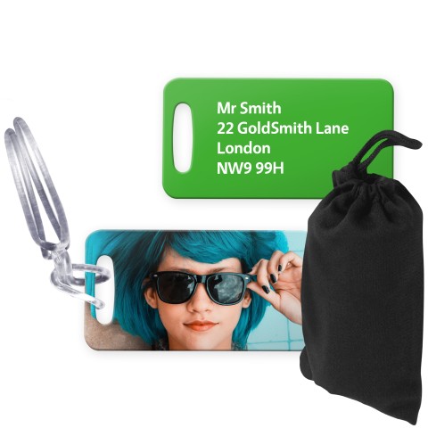 (9cm x 4.5cm) Bright Green with Clear Loop (Personalised with Text) with Small Black Storage Pouch