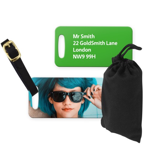 (9cm x 4.5cm) Bright Green with Leather Strap (Personalised with Text) with Small Black Storage Pouch
