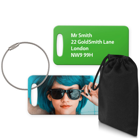 (9cm x 4.5cm) Bright Green with Metal Loop (Personalised with Text) with Small Black Storage Pouch