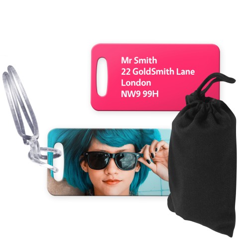 (9cm x 4.5cm) Hot Pink (Fuchsia) with Clear Loop (Personalised with Text) with Small Black Storage Pouch