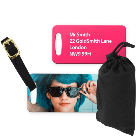 (9cm x 4.5cm) Hot Pink (Fuchsia) with Leather Strap (Personalised with Text) with Small Black Storage Pouch
