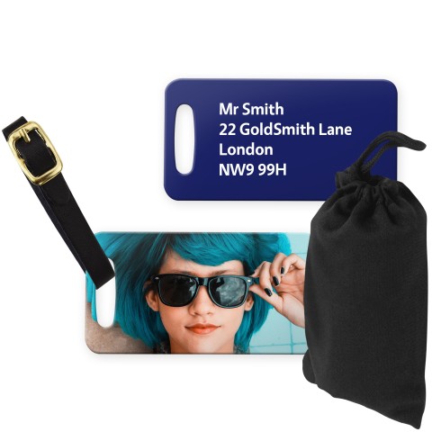 (9cm x 4.5cm) Navy Blue with Leather Strap (Personalised with Text) with Small Black Storage Pouch