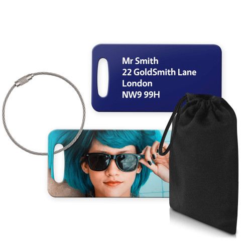 (9cm x 4.5cm) Navy Blue with Metal Loop (Personalised with Text) with Small Black Storage Pouch
