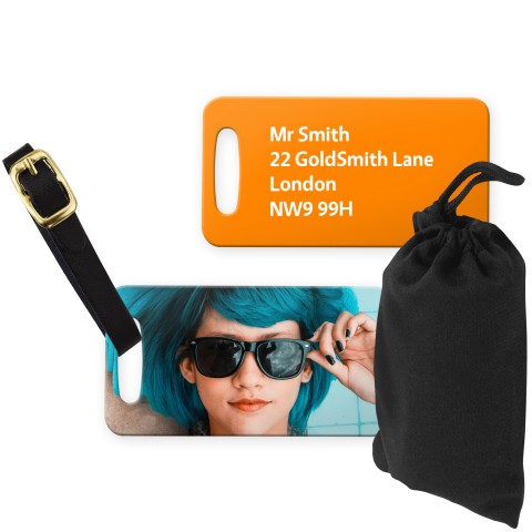 (9cm x 4.5cm) Burnt Orange with Leather Strap (Personalised with Text) with Small Black Storage Pouch