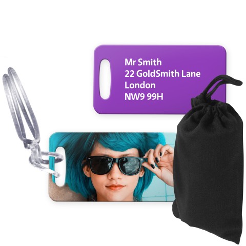 (9cm x 4.5cm) Purple with Clear Loop (Personalised with Text) with Small Black Storage Pouch