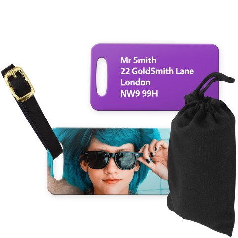 (9cm x 4.5cm) Purple with Leather Strap (Personalised with Text) with Small Black Storage Pouch