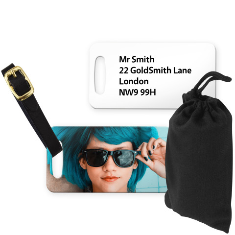 (9cm x 4.5cm) White with Leather Strap (Personalised with Text) with Small Black Storage Pouch