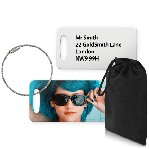 (9cm x 4.5cm) White with Metal Loop (Personalised with Text) with Small Black Storage Pouch