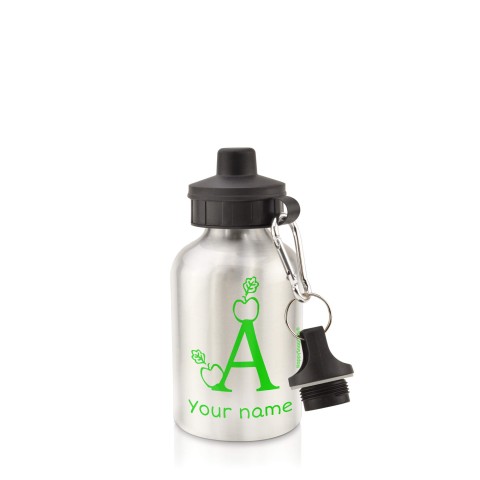 in Silver (400ml) with Screw Cap with Alphabet Theme Bright Green (Personalised with Text)