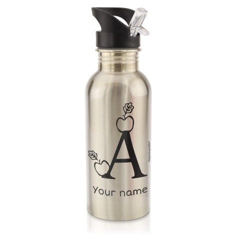 in Silver (600ml) with Drinking Straw with Alphabet Theme Black (Personalised with Text)