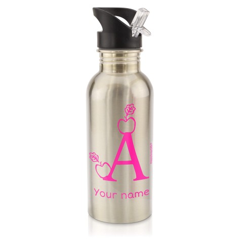 in Silver (600ml) with Drinking Straw with Alphabet Theme Hot Pink (Fuchsia) (Personalised with Text)