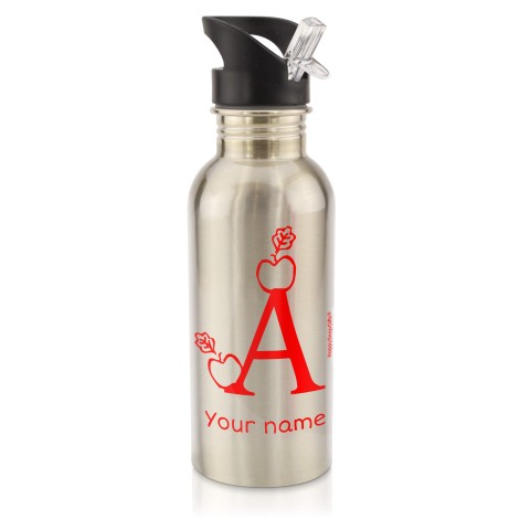 in Silver (600ml) with Drinking Straw with Alphabet Theme Red (Personalised with Text)