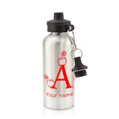 in Silver (600ml) with Screw Cap with Alphabet Theme Red (Personalised with Text)