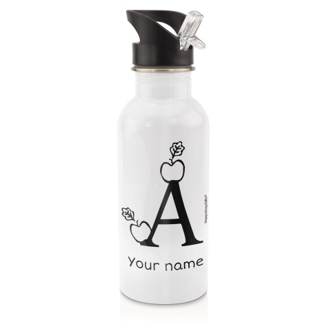 in White (600ml) with Drinking Straw with Alphabet Theme Black (Personalised with Text)