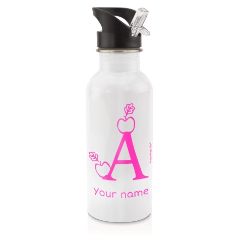 in White (600ml) with Drinking Straw with Alphabet Theme Hot Pink (Fuchsia) (Personalised with Text)