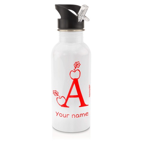 in White (600ml) with Drinking Straw with Alphabet Theme Red (Personalised with Text)