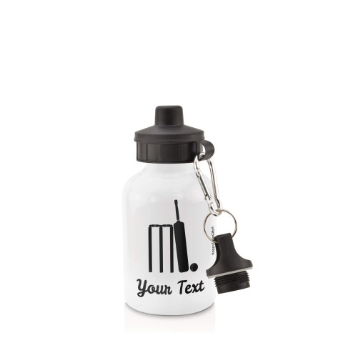 in White (400ml) with Screw Cap (Cricket Icon) Black (Personalised with Text)