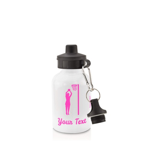 in White (400ml) with Screw Cap (Netball Icon) Hot Pink (Fuchsia) (Personalised with Text)