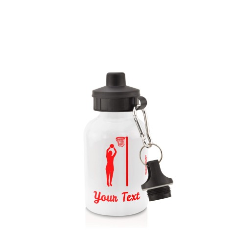 in White (400ml) with Screw Cap (Netball Icon) Red (Personalised with Text)