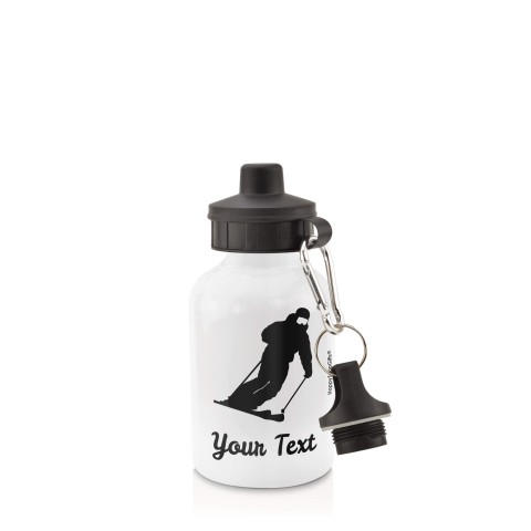in White (400ml) with Screw Cap (Skiing Icon) Black (Personalised with Text)