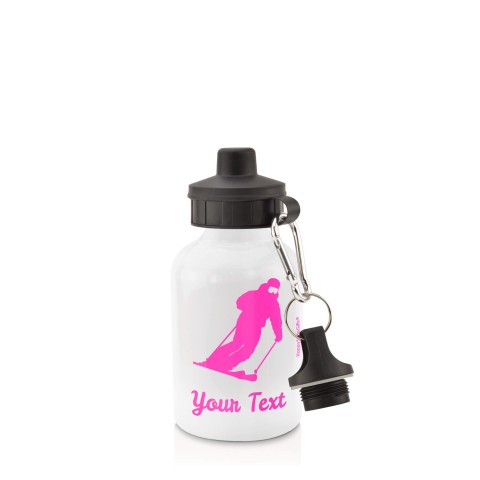 in White (400ml) with Screw Cap (Skiing Icon) Hot Pink (Fuchsia) (Personalised with Text)