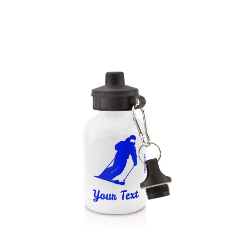 in White (400ml) with Screw Cap (Skiing Icon) Royal Blue (Personalised with Text)