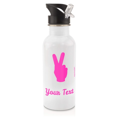in White (600ml) with Drinking Straw (Two Finger Icon) Hot Pink (Fuchsia) (Personalised with Text)
